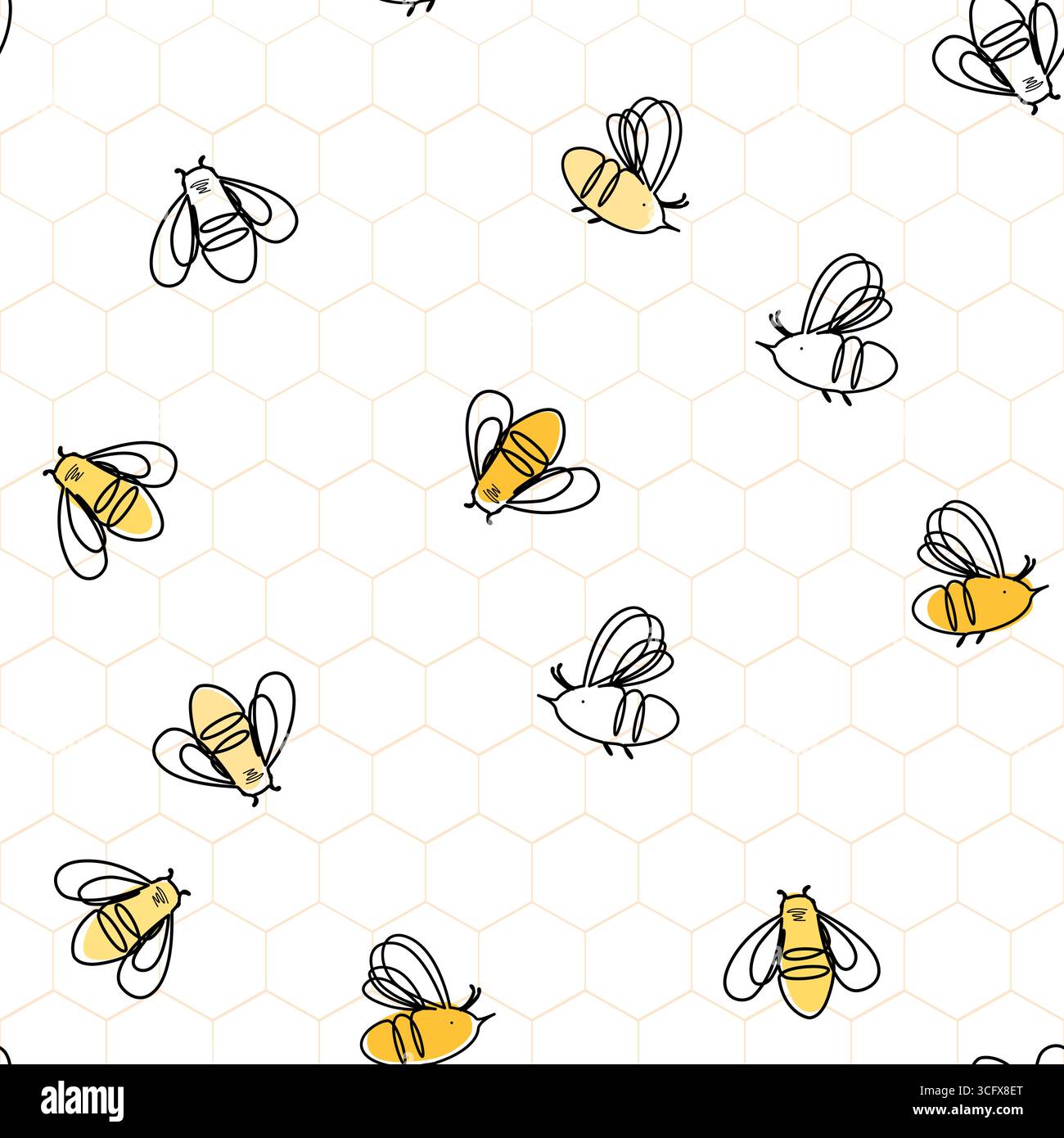 Linear cartoon homey bees on honeycombs seamless pattern. Vector background illustration. Stock Vector