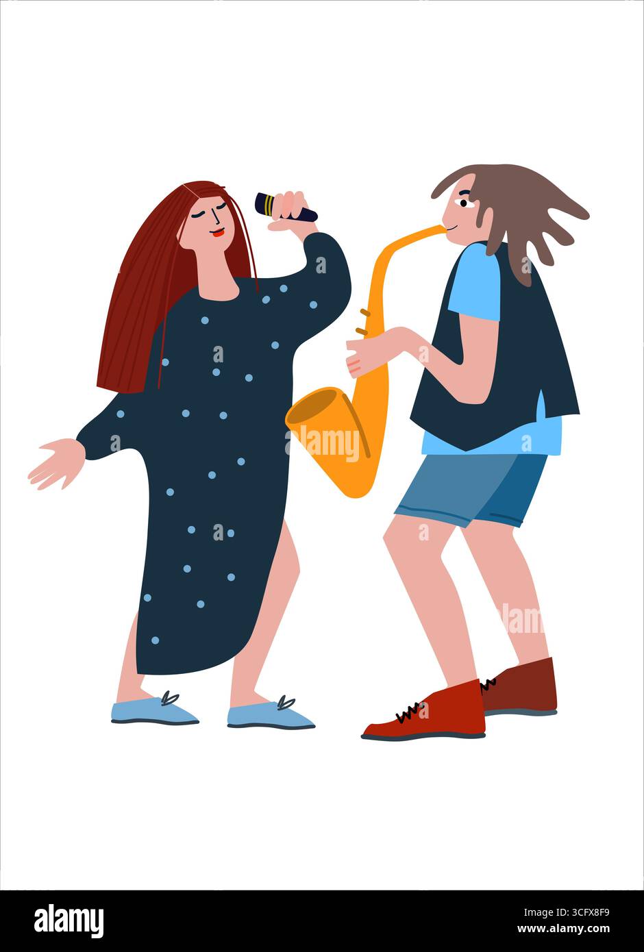 Saxophone and vocal duet performance. Vector illustration in flat style Stock Vector