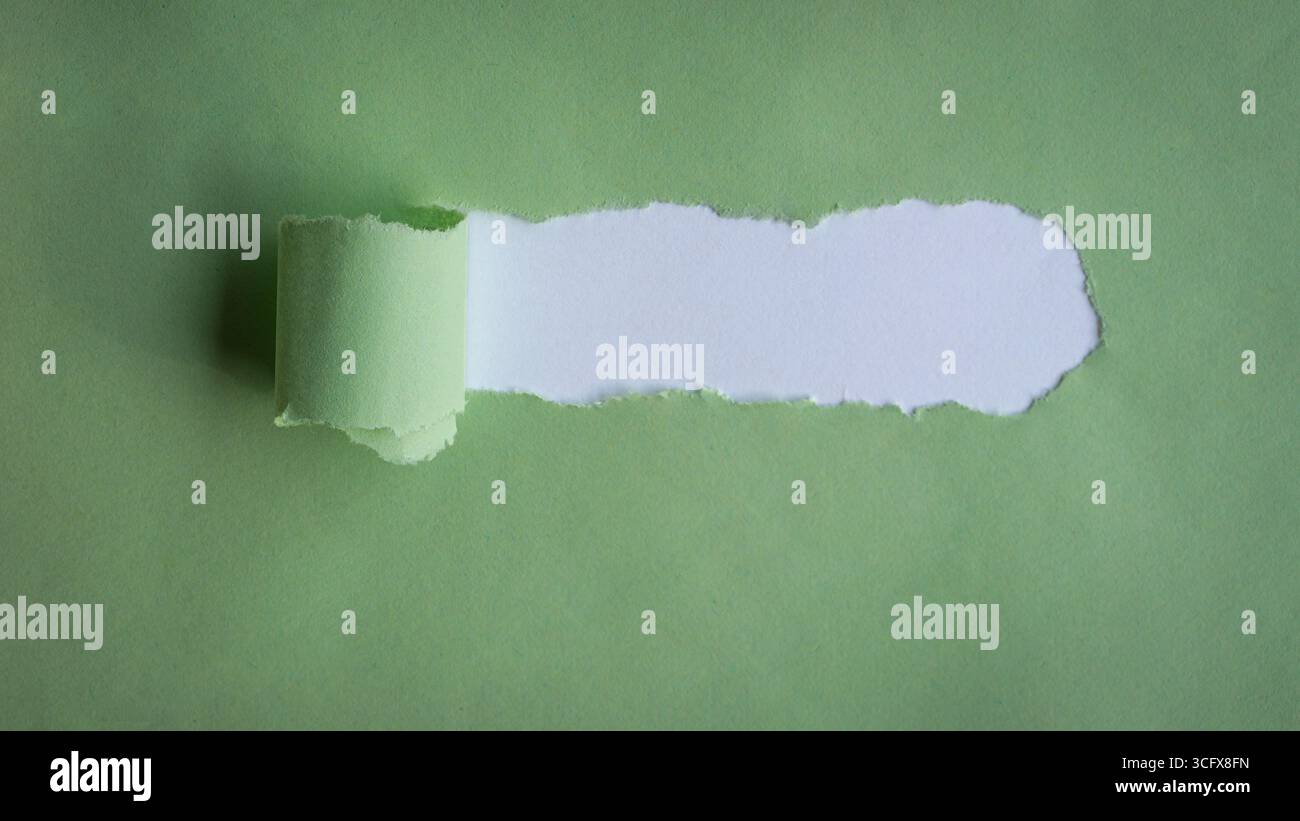 Hole ripped in green paper on white background. Copy space. Stock Photo