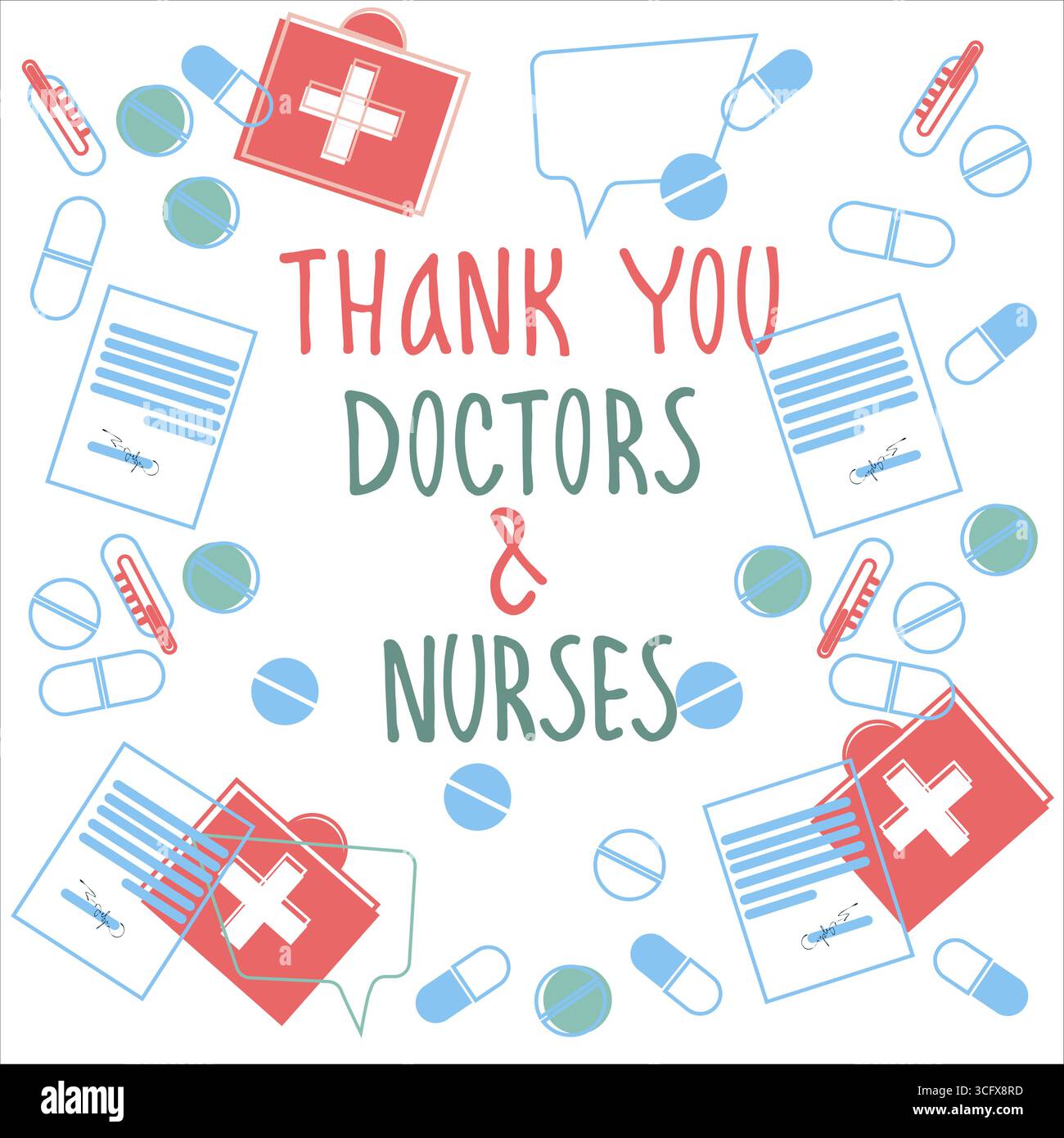 Thank you doctors and nurses hand-lettered phrase. Collage of medicines ...