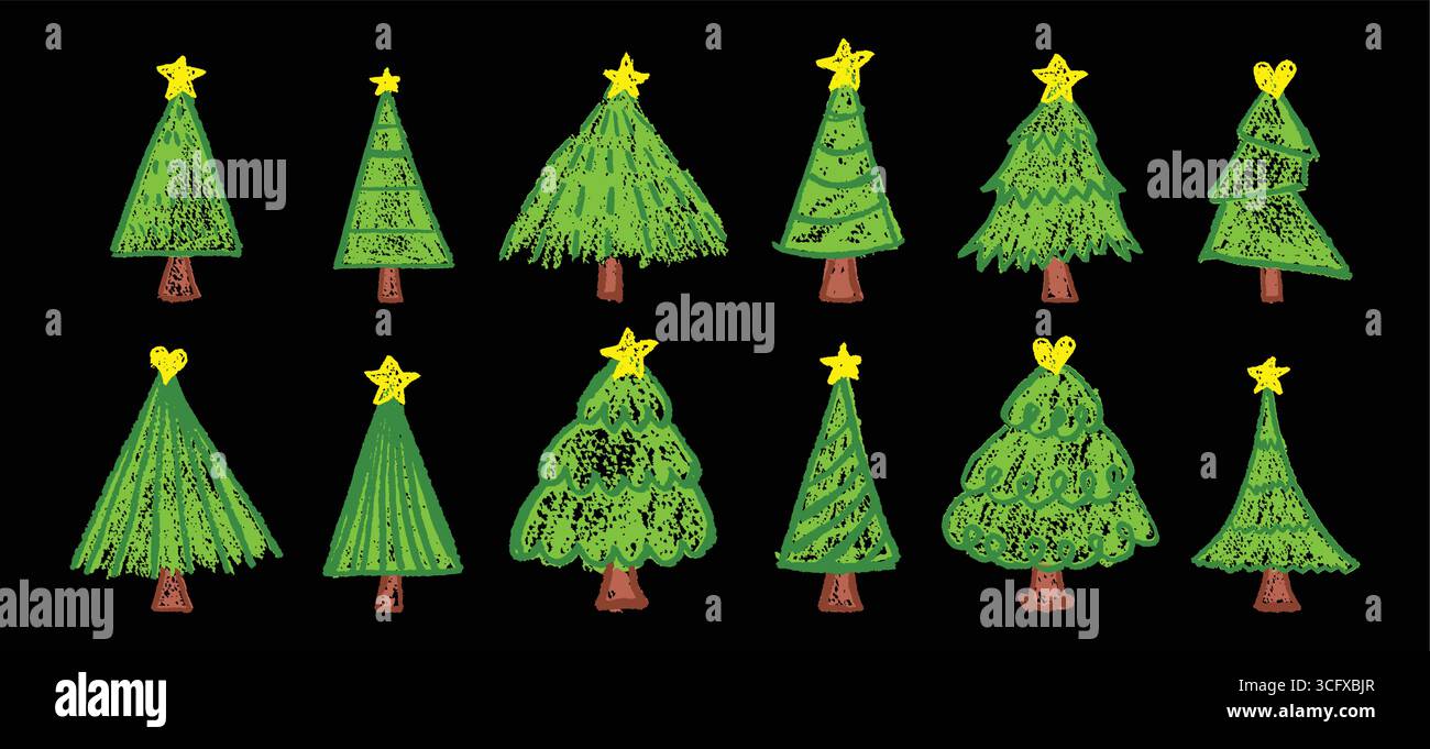 Set of Christmas tree with gold star on top. Doodles in pastel charcoal style. Hand-drawn by children on white blackboard using green wax, squiggle Stock Vector