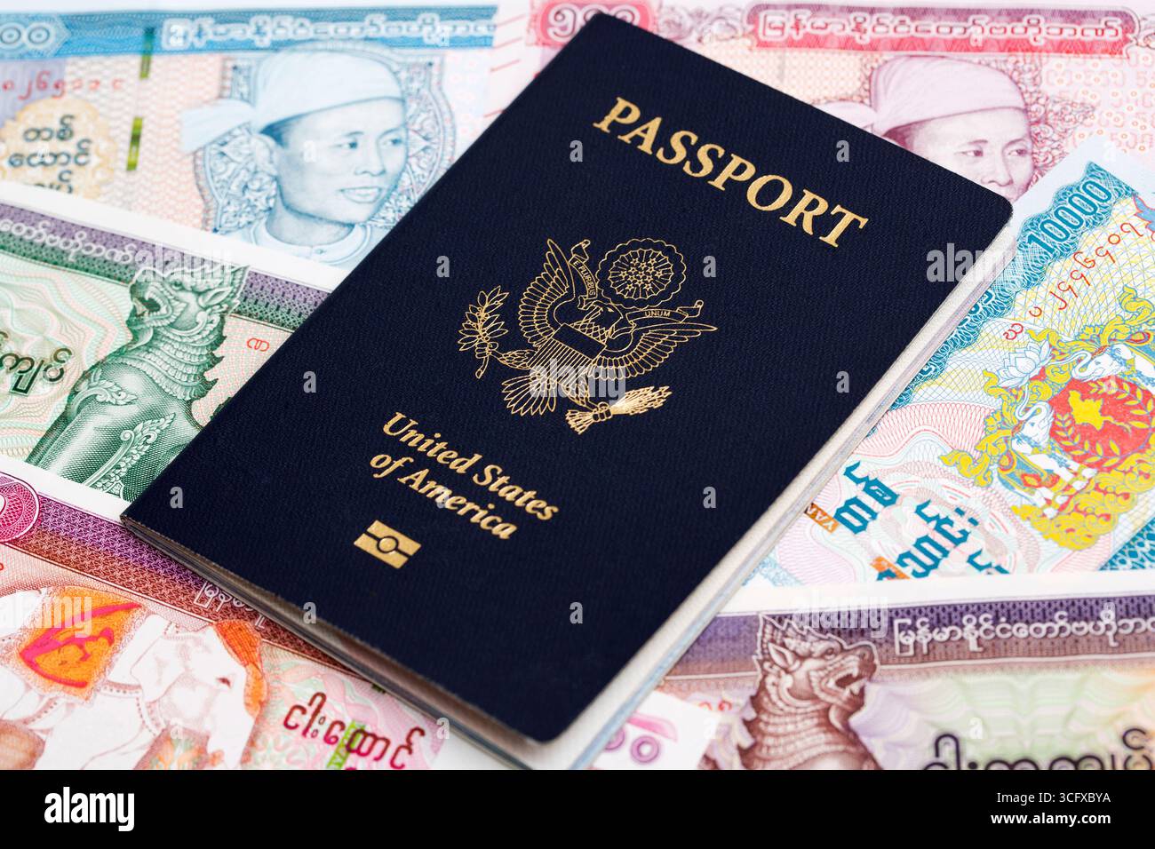 American Passport on Myanmar money -  kyat Stock Photo