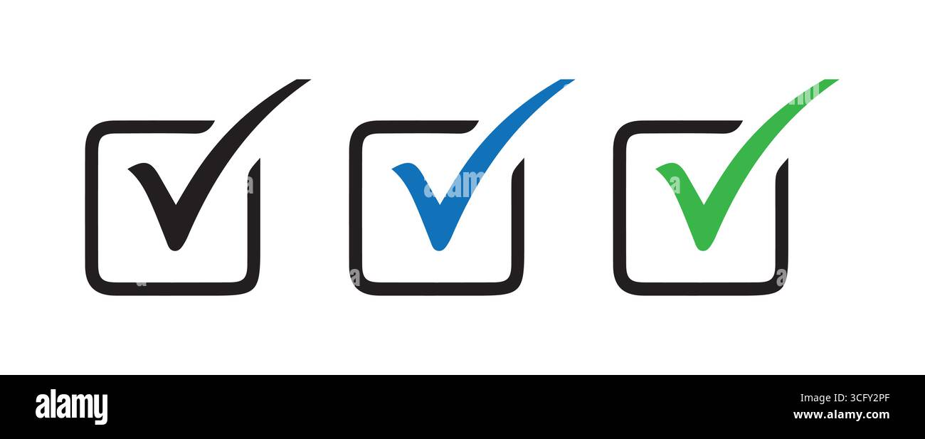 Verified Tick Marks in Black Green Blue Checkboxes Stock Vector