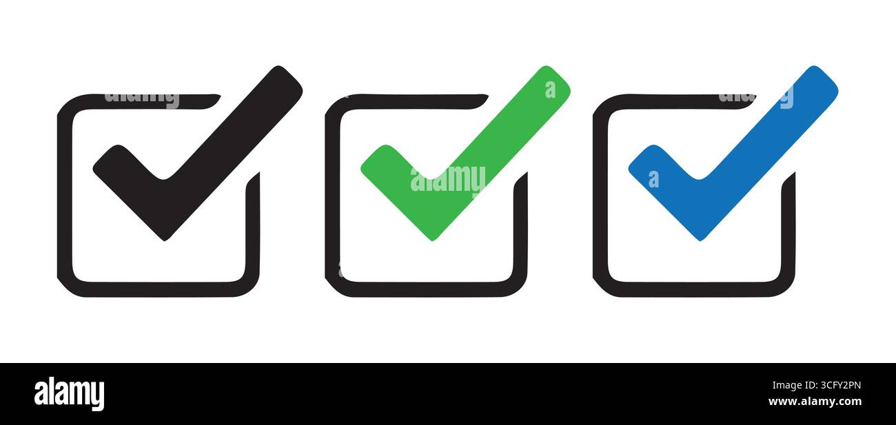 Verified Tick Marks in Black Green Blue Checkboxes Stock Vector