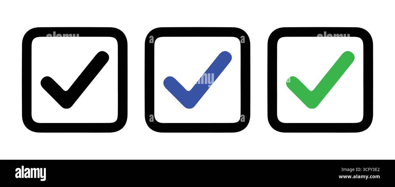 Set of Checkmark Icons in Black, Blue, and Green" Stock Vector