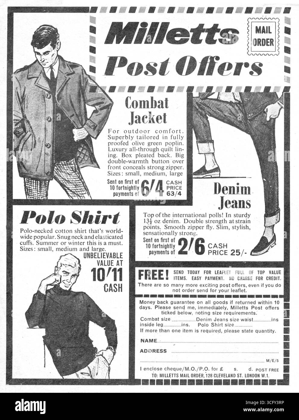 Milletts was a well know high street men's fashion shop in ther UK for many years, specialising initially in ex-Army surplus clothes.  They later branched out into their own fashions as well.  This advert from 1966 shows some of their men's leisure wear.  Note how the mail order form still asks for your combat size.  Easy payments were also a feature of the chain. Stock Photo