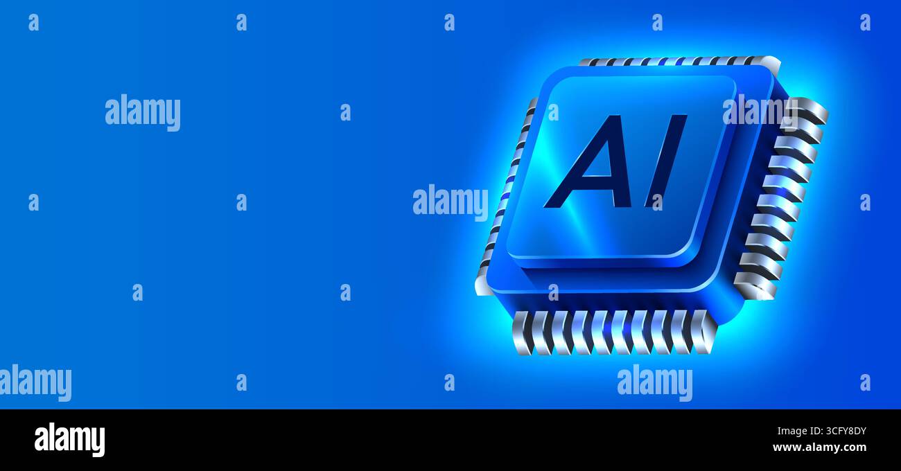 Brightly glowing AI computer chip. Technology concept. CPU processor. Computer microchip. Vector illustration Stock Vector