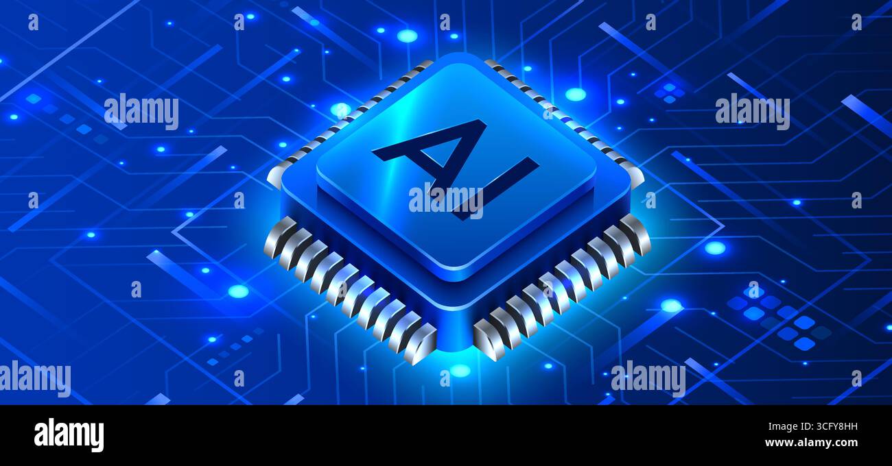 Brightly glowing AI computer chip. Technology concept. CPU processor. Computer microchip. Vector illustration Stock Vector