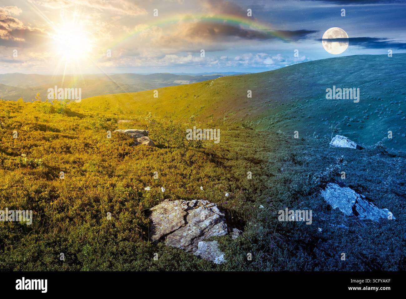 mountain landscape in summer. day and night time change concept. beautiful view of rolling green hills and alpine meadows with sun and moon. scenery w Stock Photo