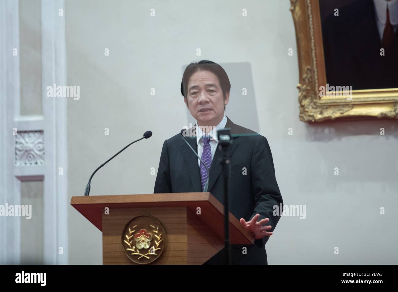 Taiwan President Lai Ching-te delivers a speech at the Presidential ...