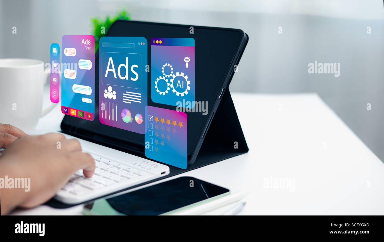 Person using tablet to manage digital ads with virtual interfaces of AI ...