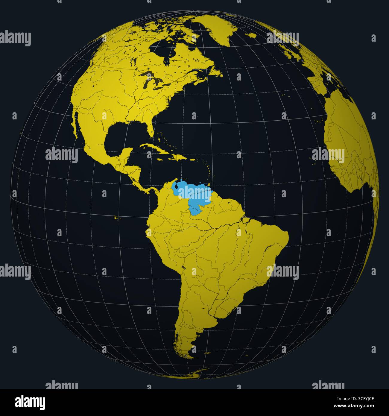 Venezuela on Globe. Country view on the world map in Charcoal Bright Yellow color palette. Venezuela shape on map. Stock Vector