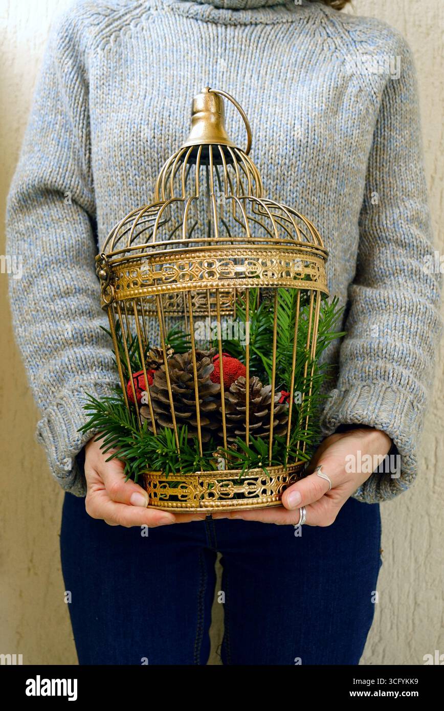Christmas home decor: woman holding birdcage with pine cones and evergreen branches. DIY project using natural materials and upcycled vintage items Stock Photo