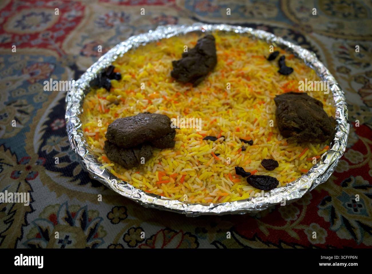 Nasi briyani, Lamb Madghout biryai rice, a popular Arabian rice dish, rice and meat (chicken or lamb), cooked together with a blend of spices. Stock Photo