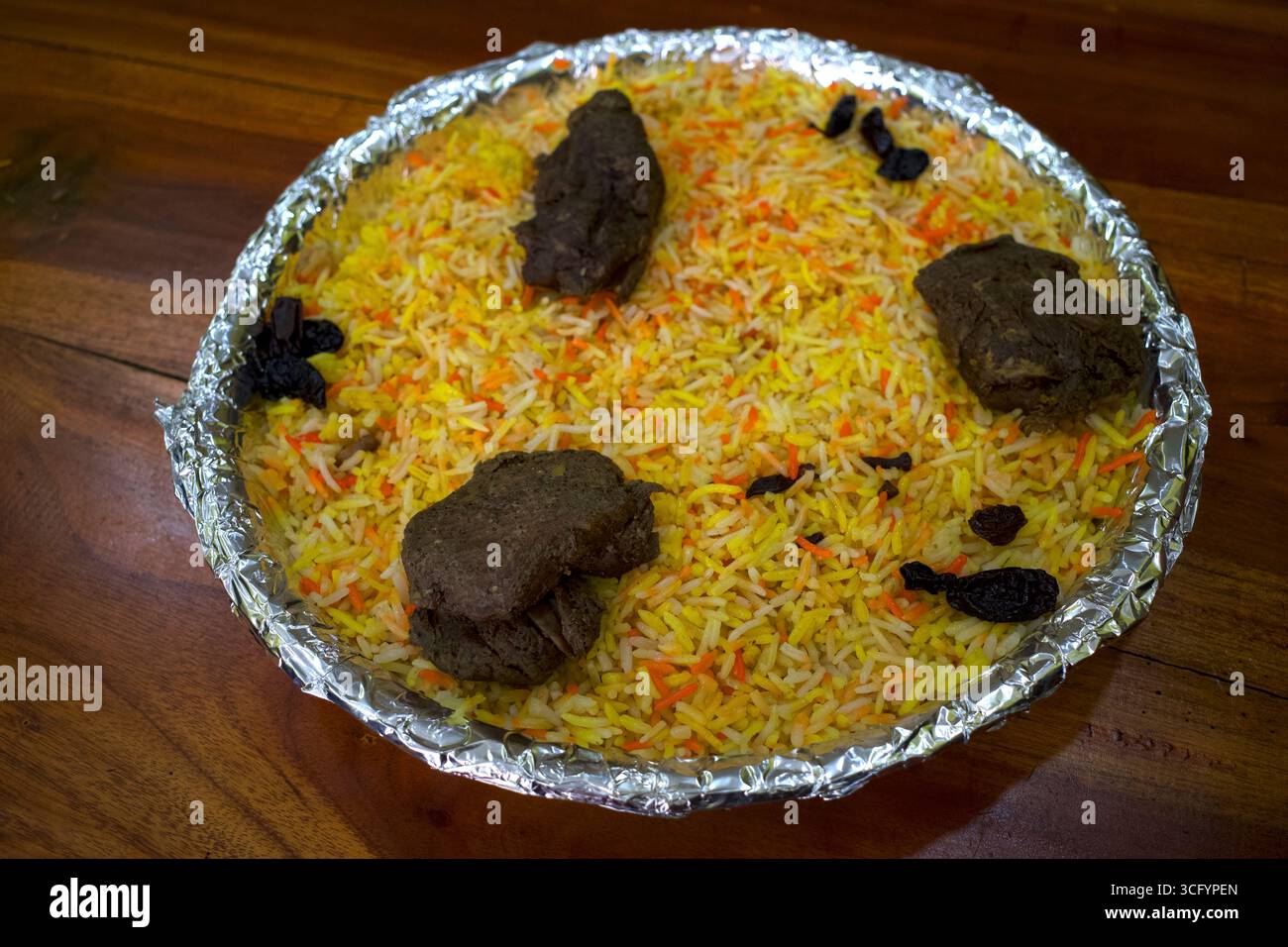 Nasi briyani, Lamb Madghout biryai rice, a popular Arabian rice dish, rice and meat (chicken or lamb), cooked together with a blend of spices. Stock Photo