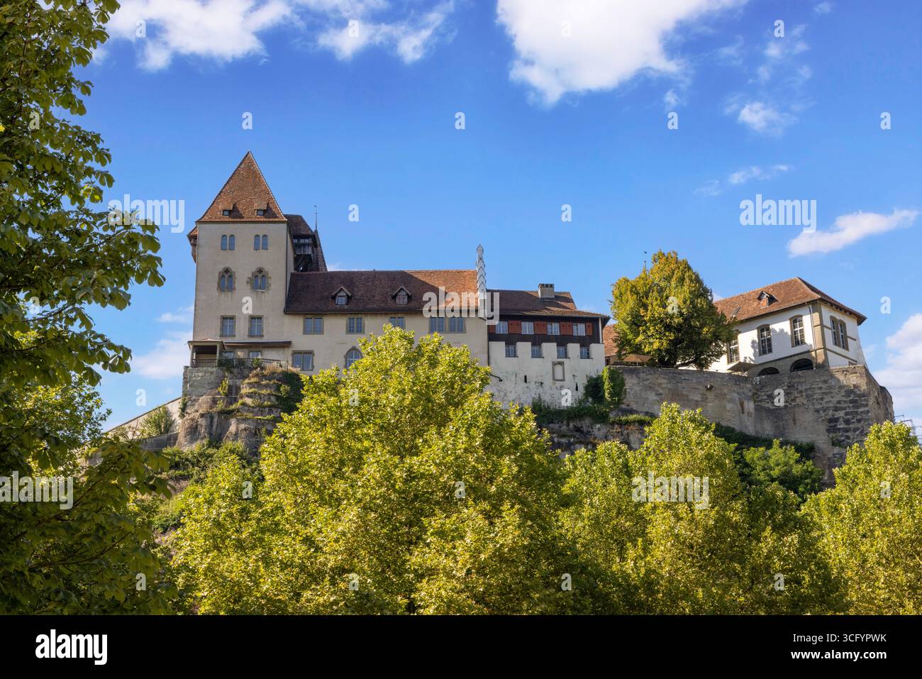 The historic town of Burgdorf, gateway to the Emmental, with its medieval old town clustered around the prominent Zähringen castle on a hilltop. Stock Photo