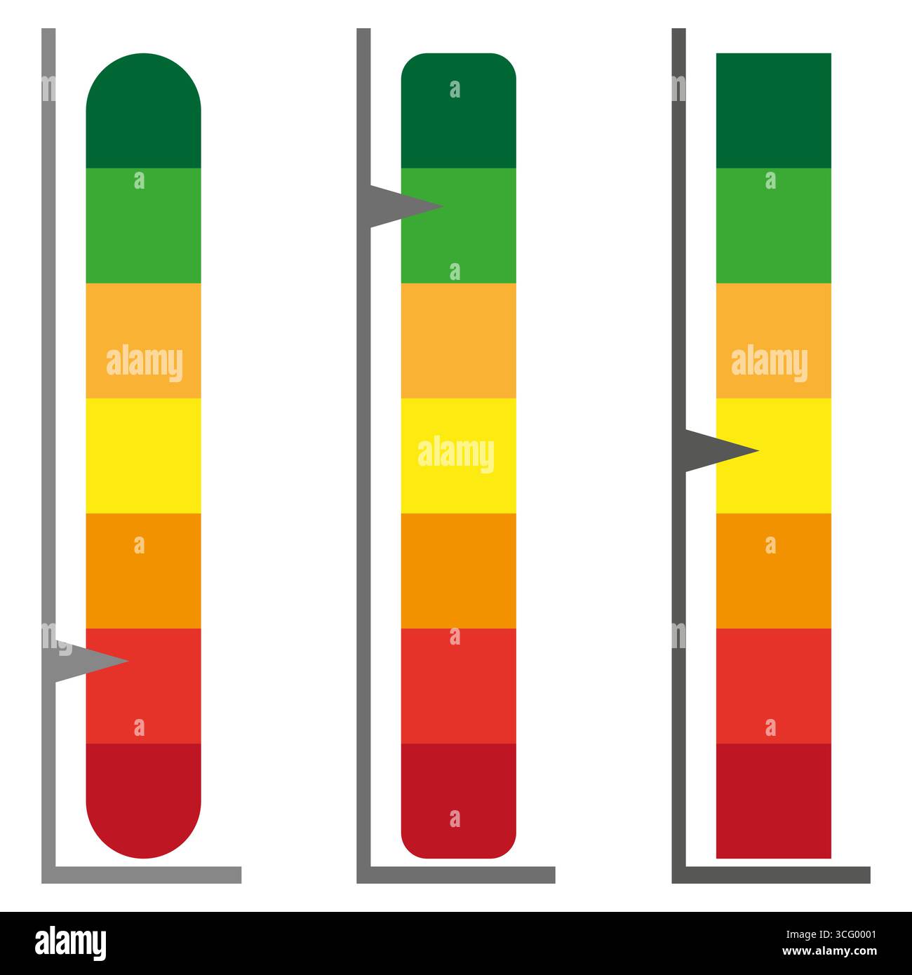 Vertical level indicators. Colorful measuring gauges. Rating system scales. Vector progress emblems. EPS 10. Stock Vector
