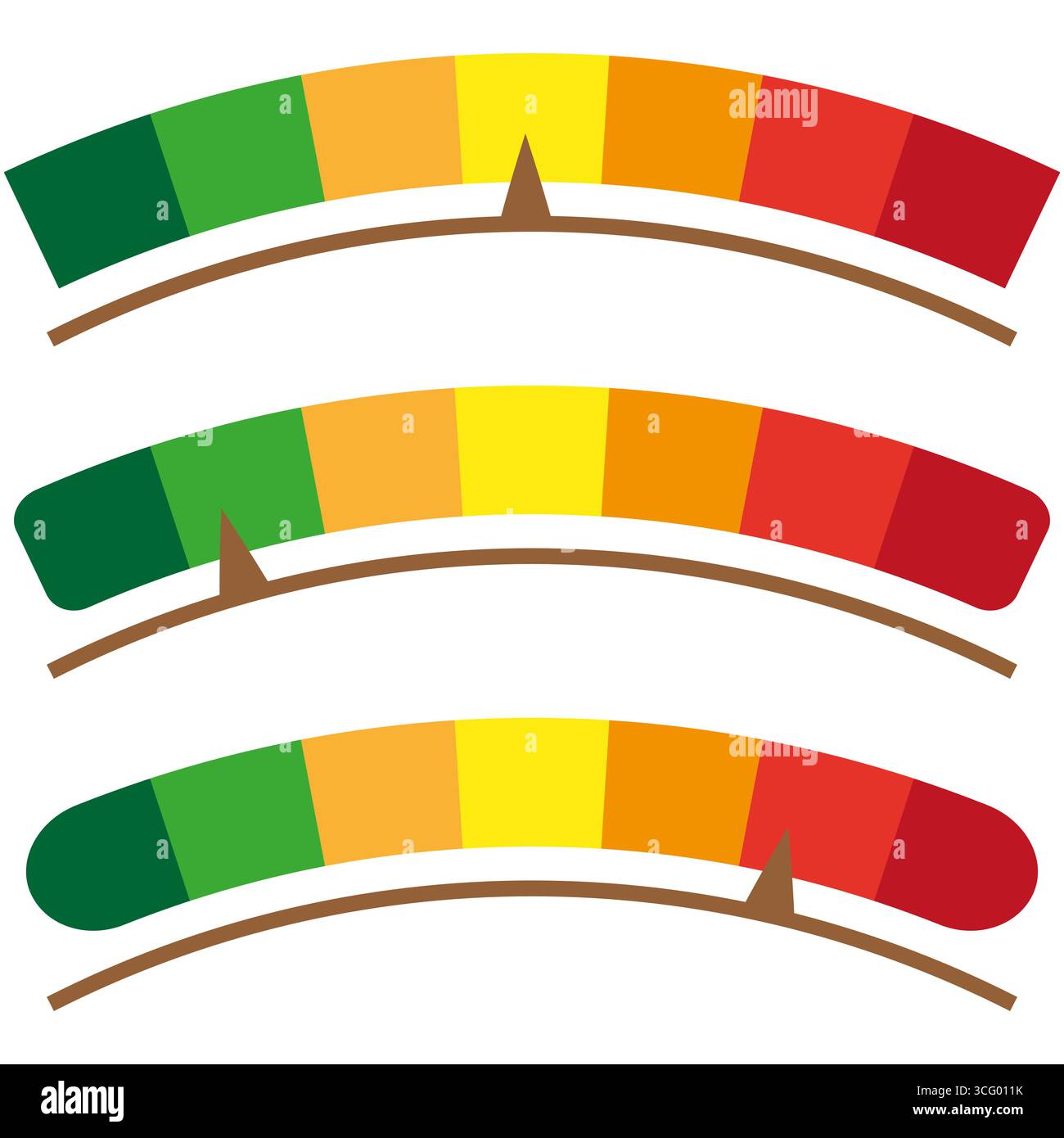 Arc level indicators. Colorful measuring gauges. Rating system scales ...