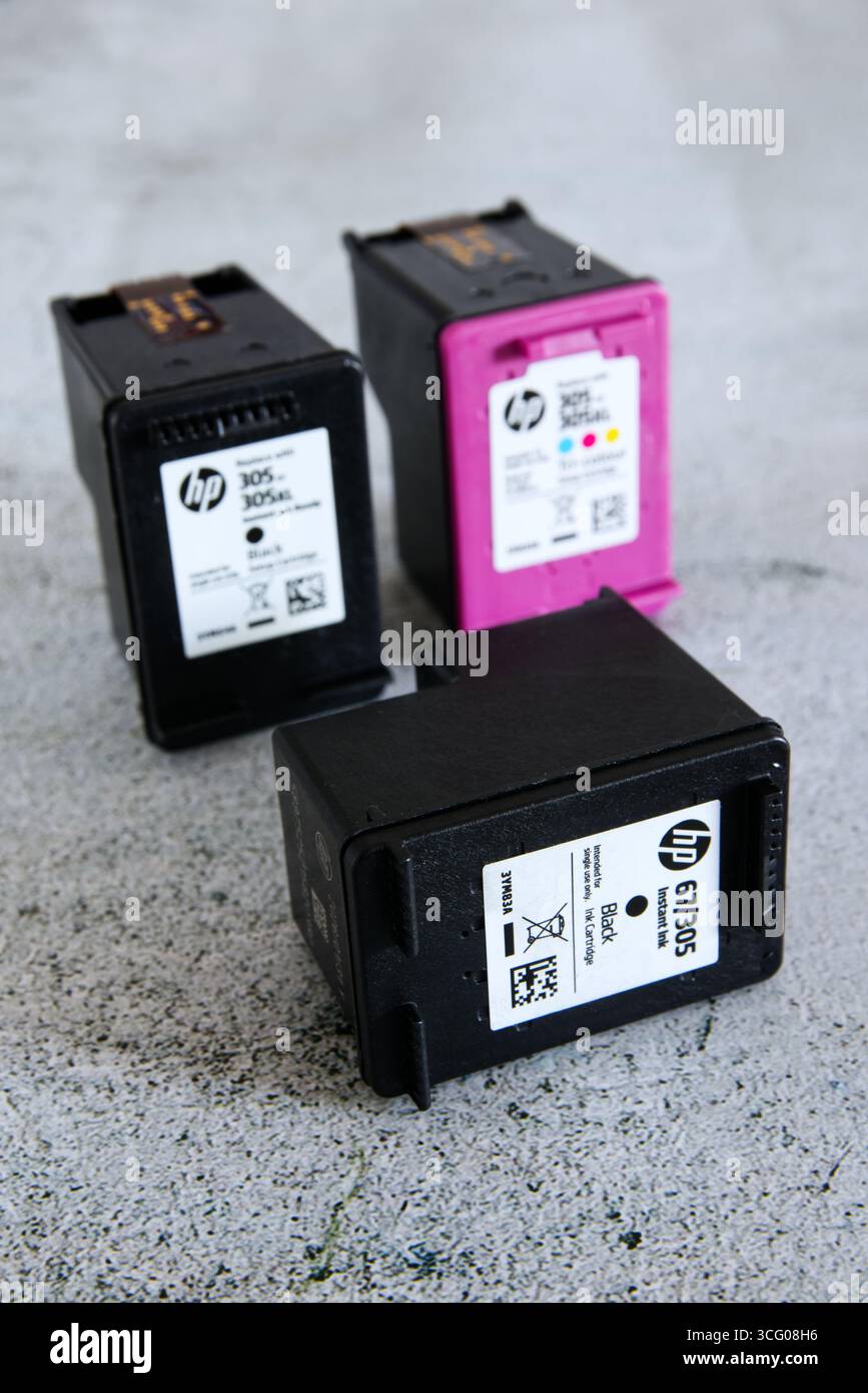 Empty HP printer cartridges on a light background Stock Photo