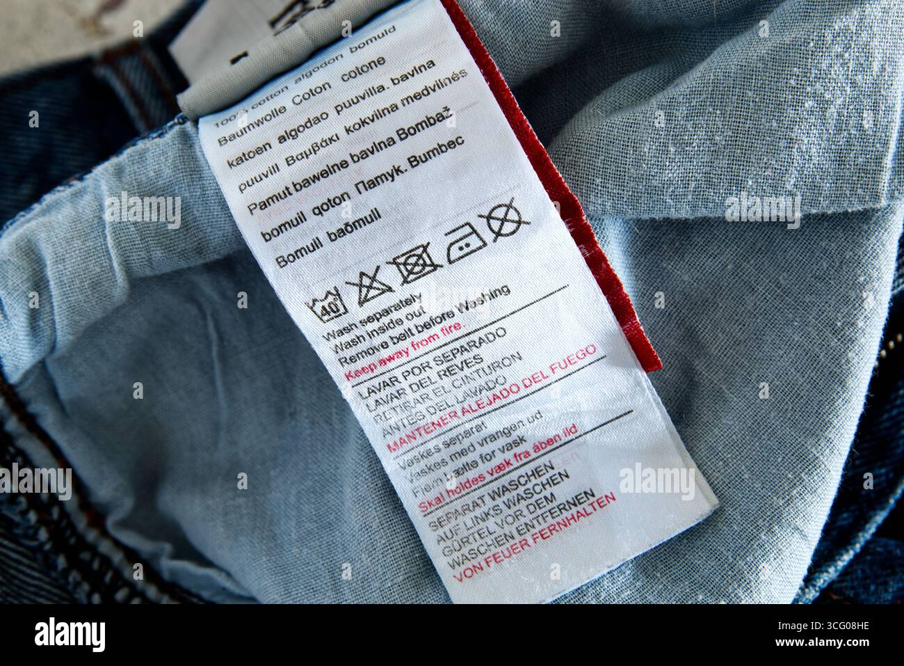 Washing instructions inside the jeans label: 100% cotton Stock Photo ...