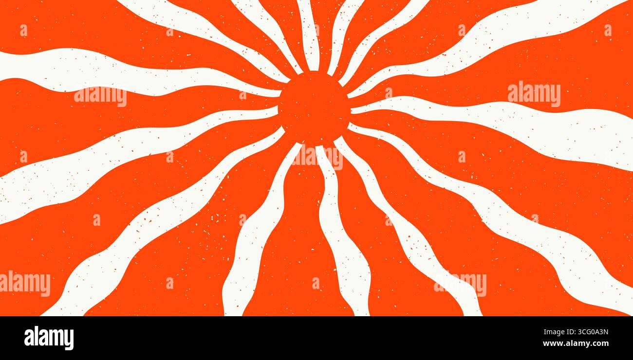 Retro japan red sun with wavy rays and grunge texture. Japanese rising groovy sun with wavy rays and crayon style texture. Great for posters, t-shirts Stock Vector