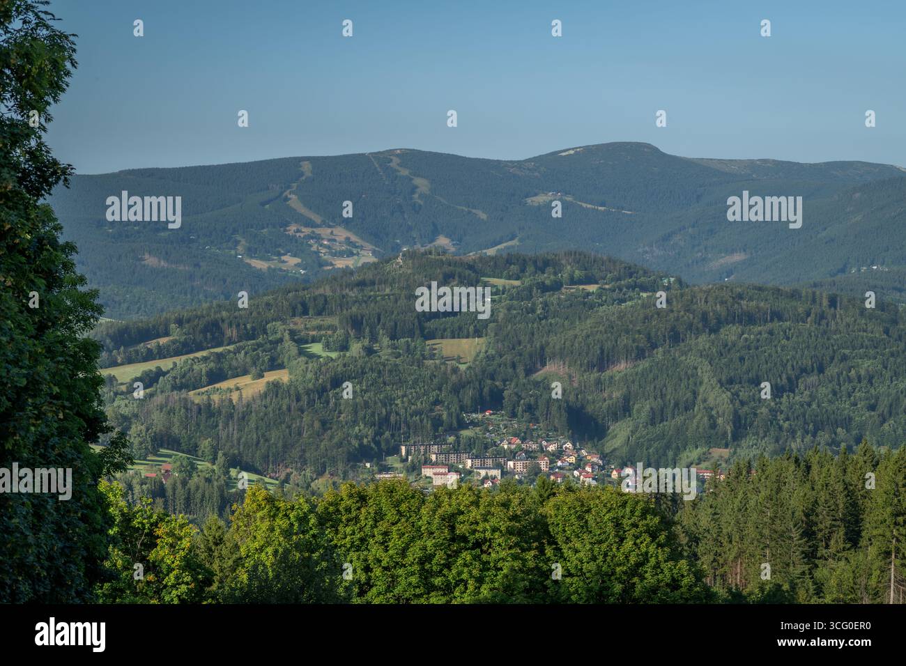 View from hill for green mountains near village Sklenarice CZ 08 09 2025 Stock Photo
