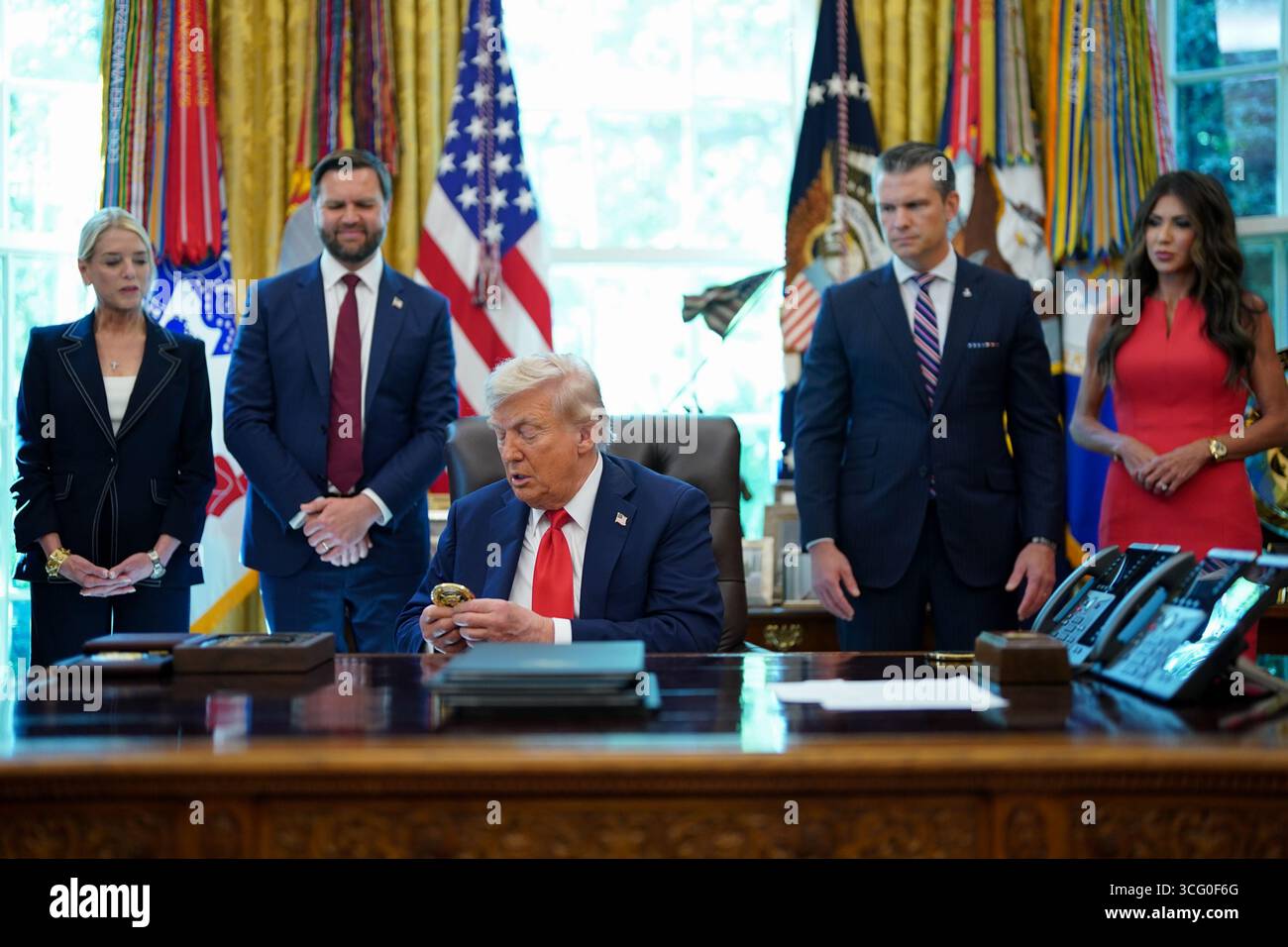 Pam Bondi, US attorney general, from left, US Vice President JD Vance ...