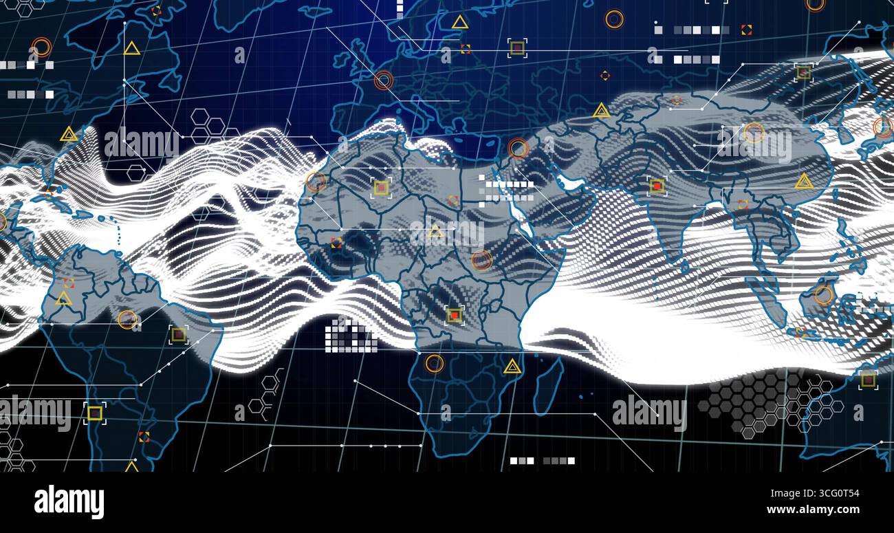 Displaying stylized digital world map streaming white waveforms on dark blue grid, network icons Stock Photo
