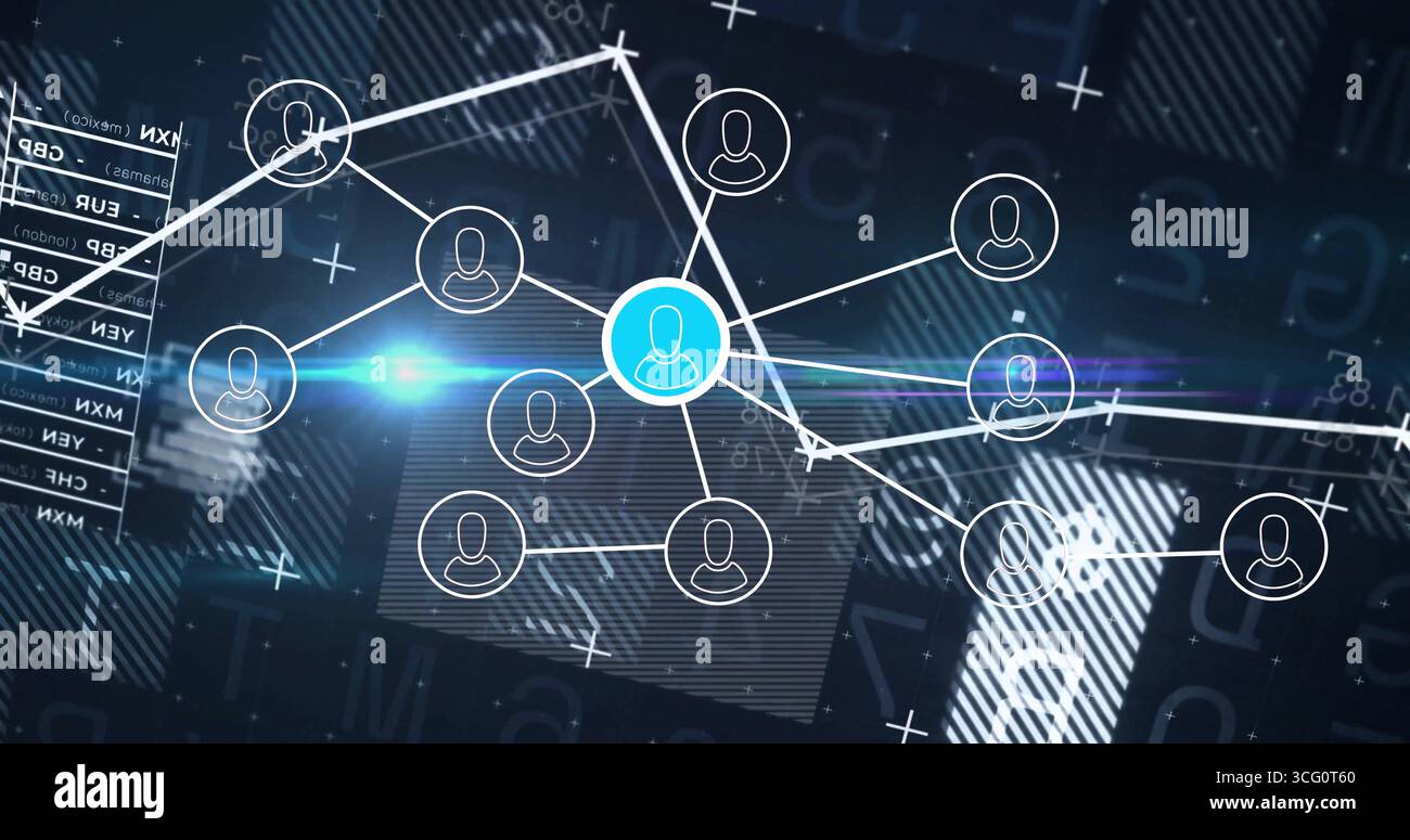 Displaying central blue user icon linking nodes in digital network, with code panels, accents Stock Photo