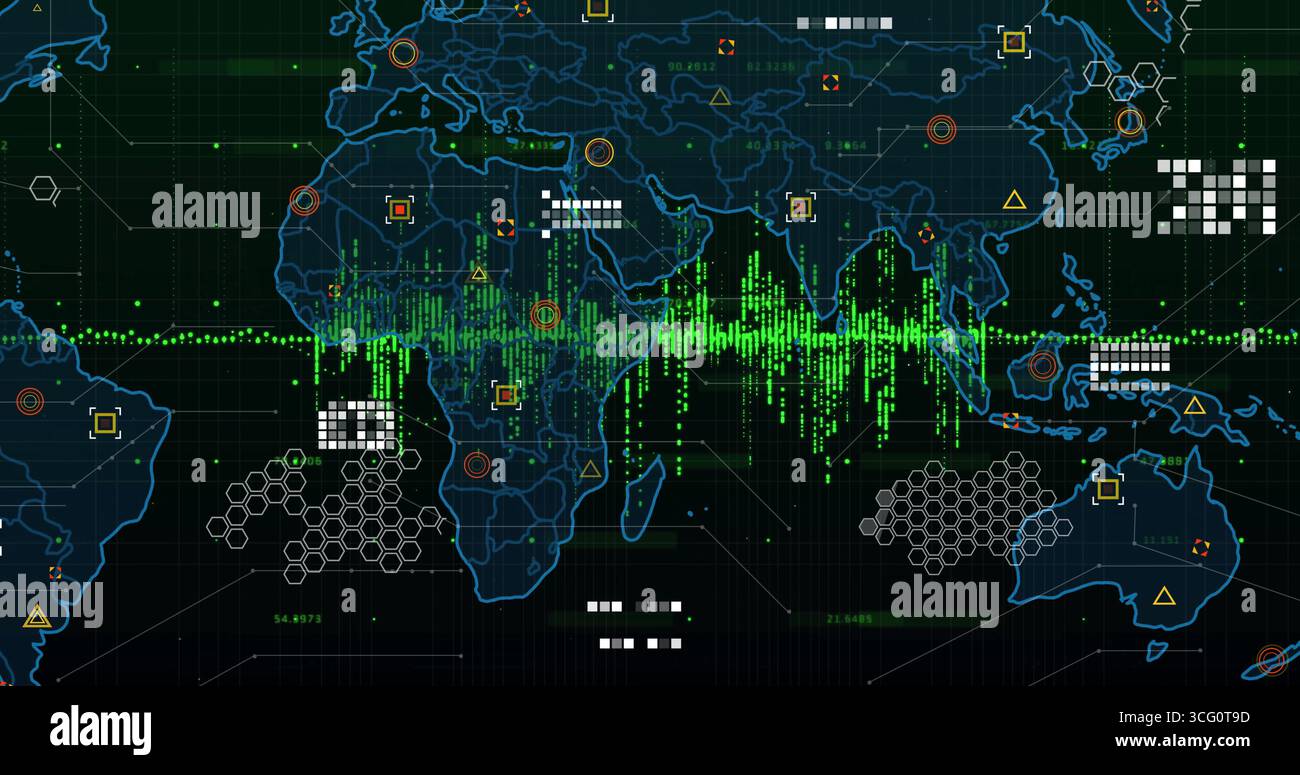 Displaying global data map showing green waveform on analytics screen, with hexagonal clusters Stock Photo