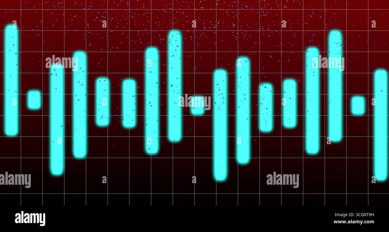 Displaying glowing cyan bars forming audio waveform rising on dark red display grid, with speckles Stock Photo