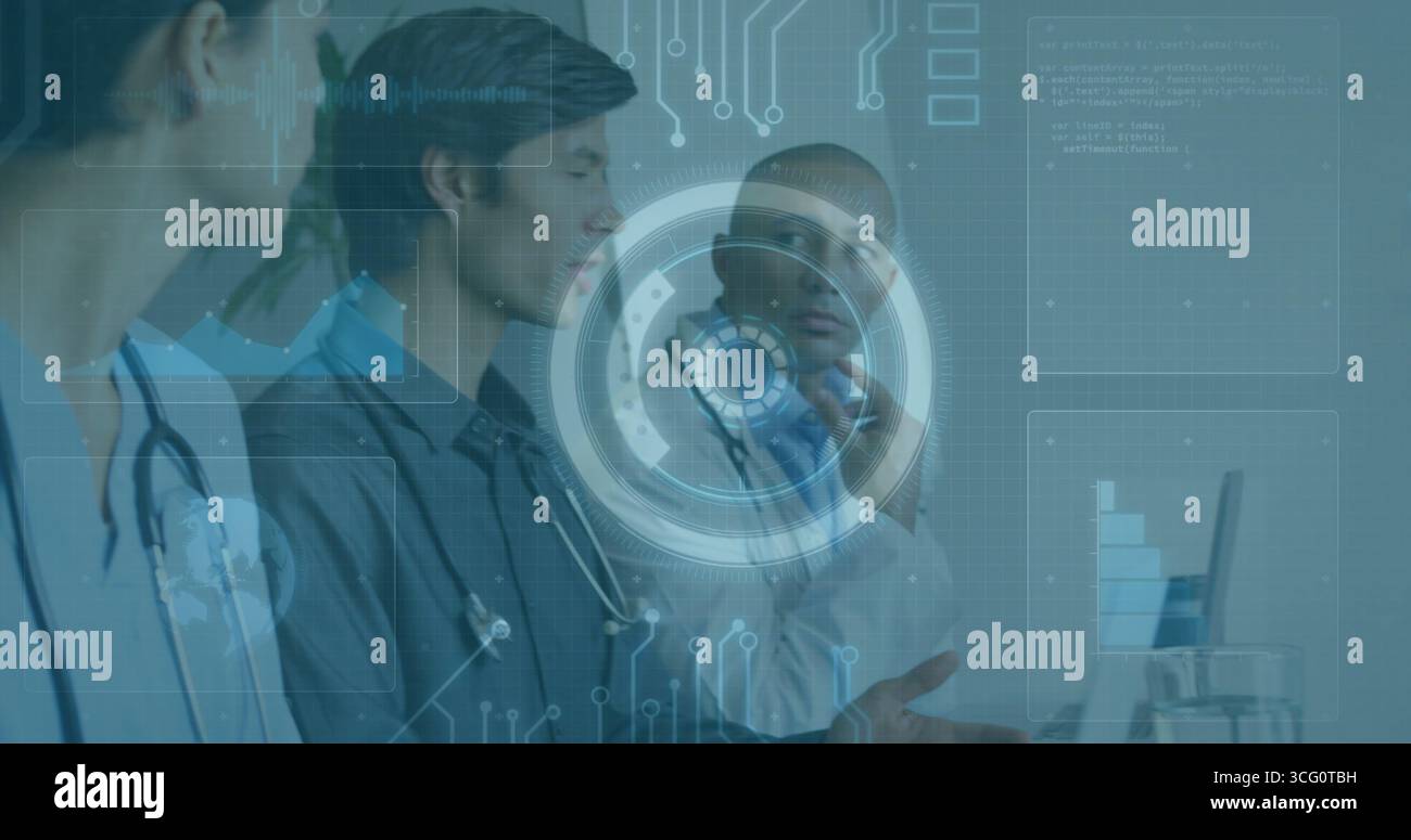 Analyzing medical team reviewing holographic patient data in clinical ...