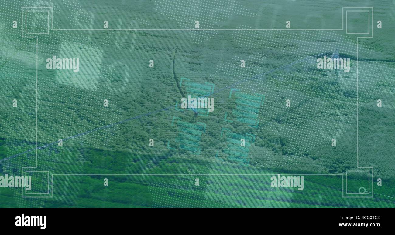 Displaying dense forest canopy over hills through HUD grid frame with blue contours, node markers Stock Photo