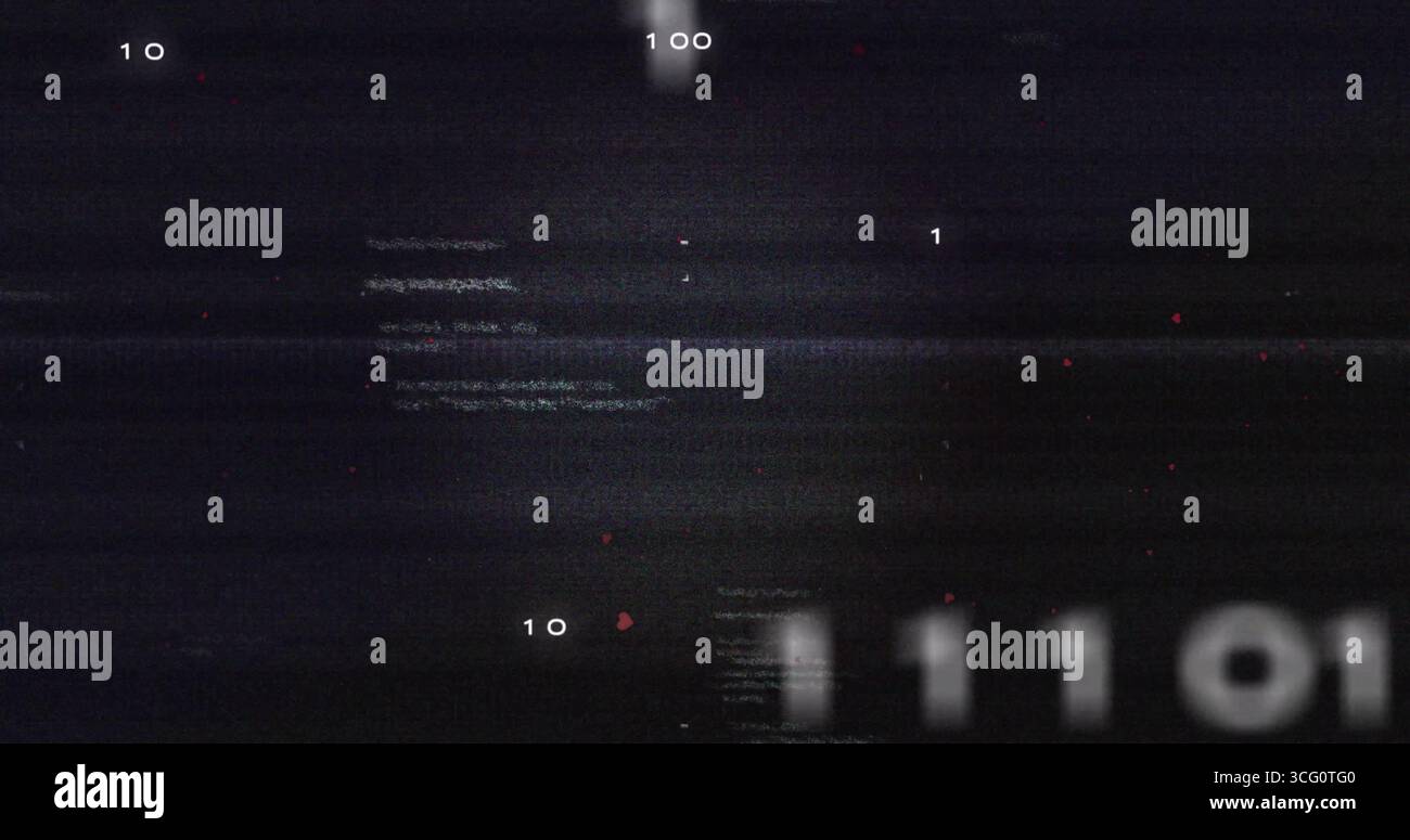 Binary digits glitching in corrupt screen with static noise lines, red pixels, blurred clusters Stock Photo