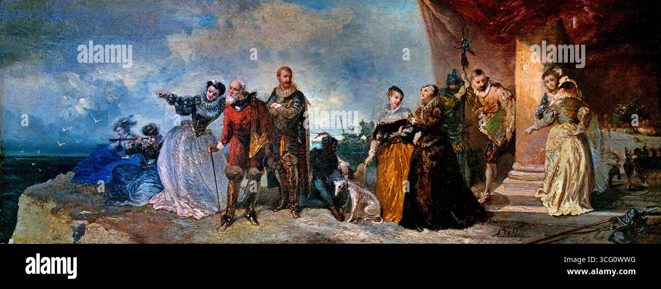 The arrival of Mary Stuart by Louis Eugene  by Gabriel Isabey 1803-1886 France French Lille Museum France. ( Mary, Queen of Scots, also known as Mary Stuart or Mary I of Scotland, was Queen of Scotland from 14 December 1542 until her forced abdication on 24 July 1567. The only surviving legitimate child of James V of Scotland, Mary was six days old when her father died and she inherited the throne ) Stock Photo