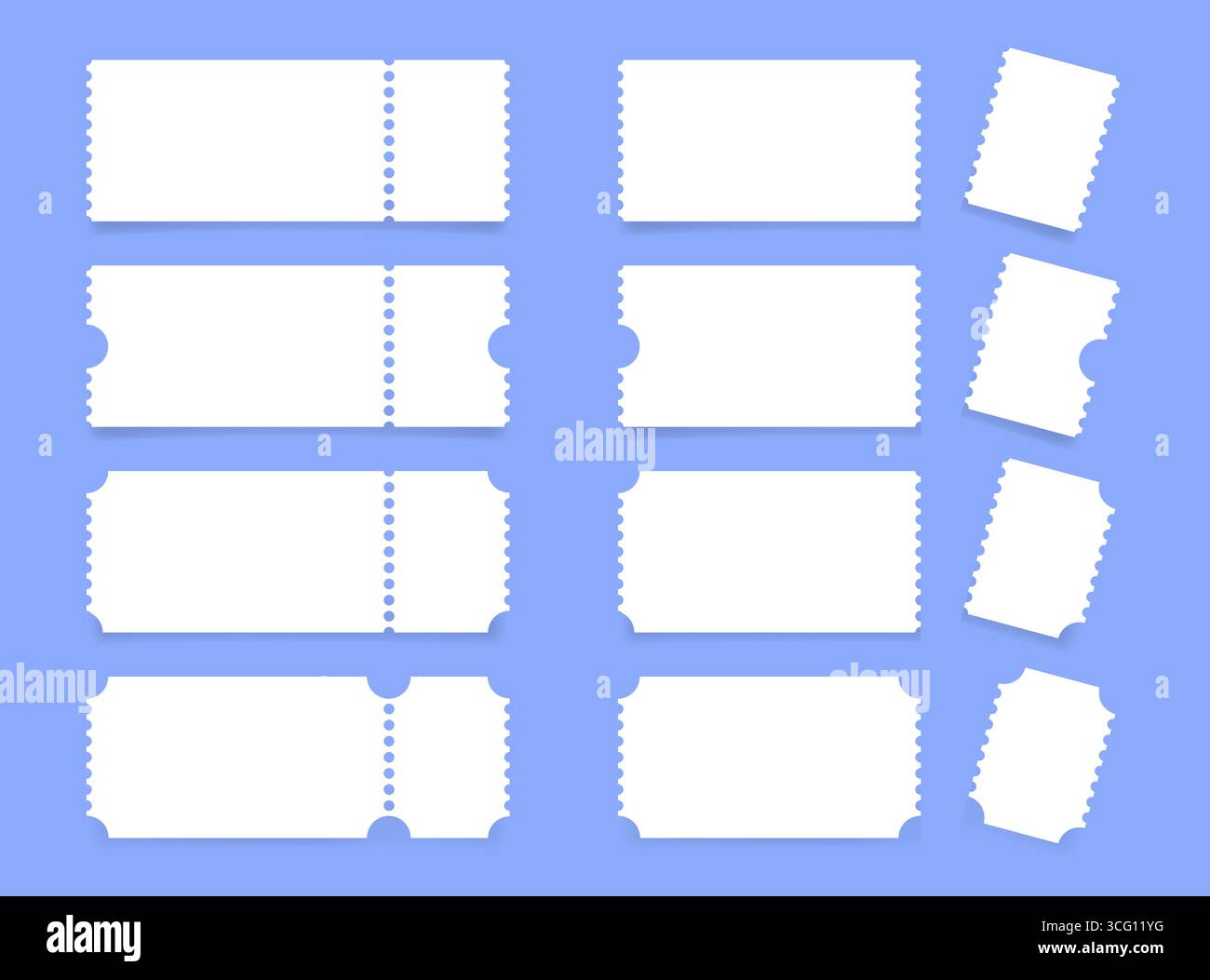 Set of white ticket mockups with ruffle edges and shadows. Ticket with ...