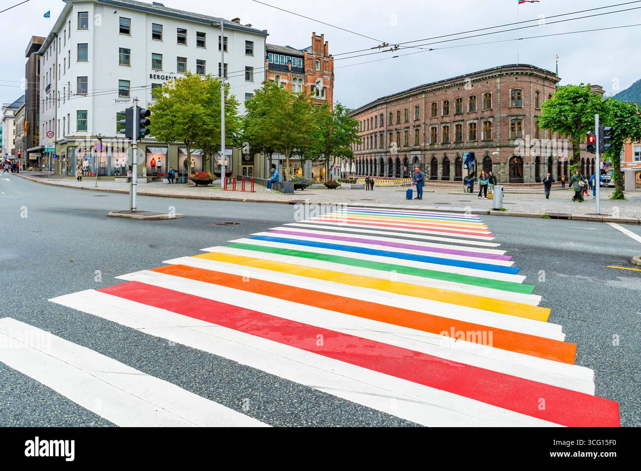 BERGEN, NORWAY - AUGUST 15, 2025: Rainbow-colored pedestrian crossing in in downtown Bergen celebrates LGBT rights.  Bergen is Norway's second largest Stock Photo