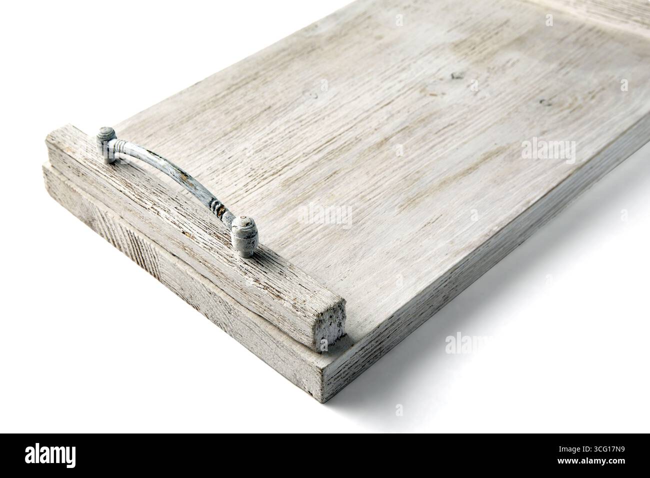 empty white wooden tray isolated on white background. Stock Photo