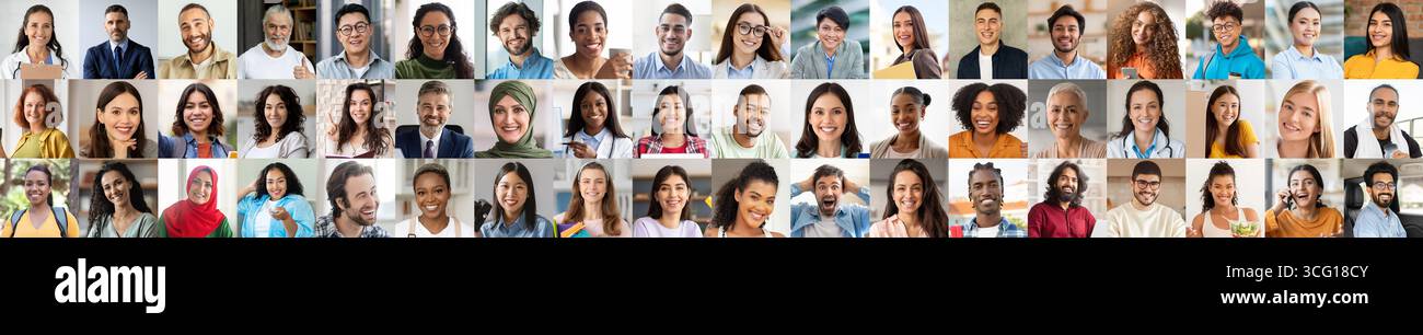 A vibrant collage features individuals from diverse backgrounds smiling joyfully Stock Photo