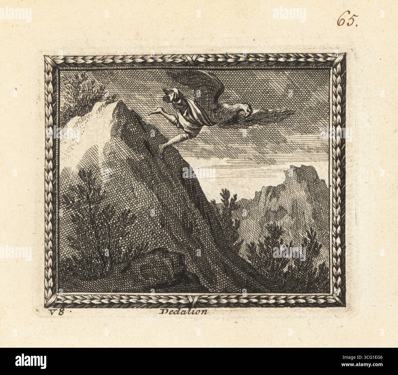 Daedalion turned into a bird of prey by Apollo. After the murder of his daughter Chione by Diana, Daedelion tried to commit suicide by jumping off Mount Parnassus. He is depicted as half human, half hawk as he descends. Dedalion en Oiseau de Proye. Copperplate engraving from Metamorphoses d’Ovide en Rondeaux, Ovid’s Metamorphoses, chez Audran, Paris, 1676. Stock Photo