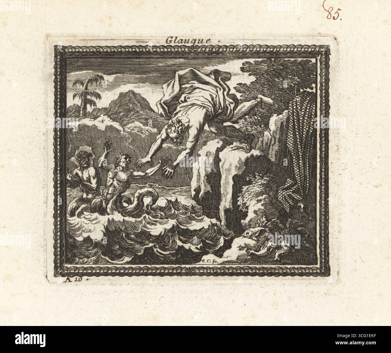The fisherman Glaucus turned into a sea god.  Glaucus was a Greek fisherman who ate a magical herb that  made him immortal. He dives into the sea where he is transformed into a sea god. Two hippocampus wait for him in the waves. Glauque en Dieu marin. Copperplate engraving by Francois Chauveau from Metamorphoses d’Ovide en Rondeaux, Ovid’s Metamorphoses, chez Audran, Paris, 1676. Stock Photo
