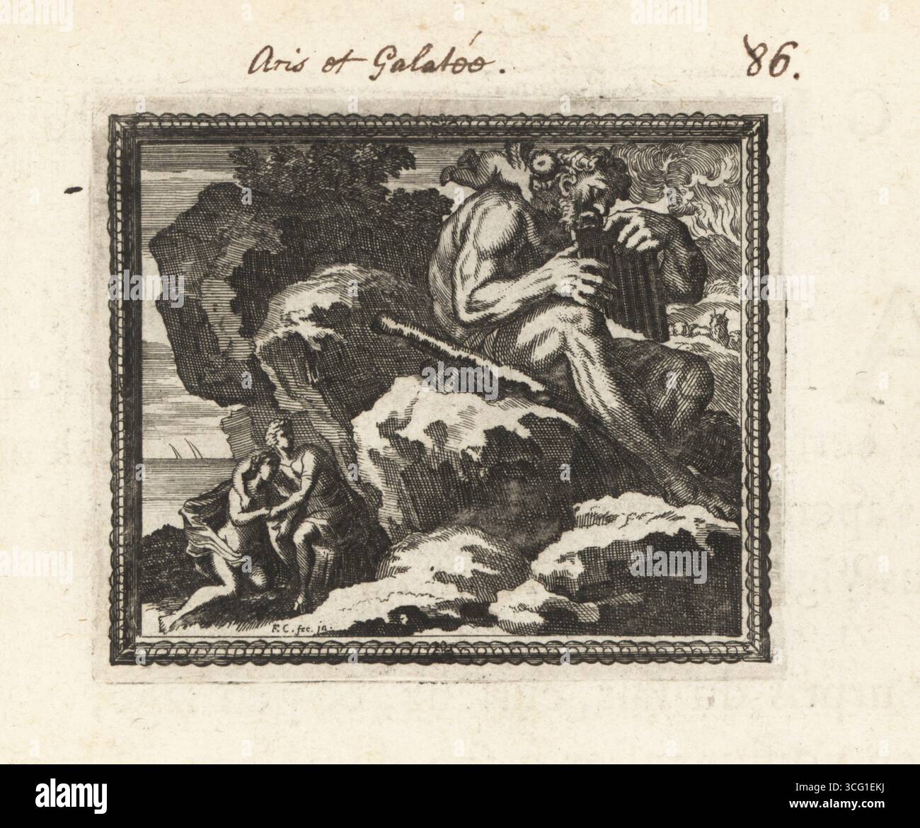 Acis and the Nereid Galatea with the Cyclops Polyphemus. Mortal Acis embraces the sea-nymph Galatea under a rock. Cupid whispers in the ear of the giant Polyphemus playing the panpipes. Polyphemus kills Acis, and Galatea turns his blood into a river. Acis et Galatee. Copperplate engraving by Francois Chauveau from Metamorphoses d’Ovide en Rondeaux, Ovid’s Metamorphoses, chez Audran, Paris, 1676. Stock Photo