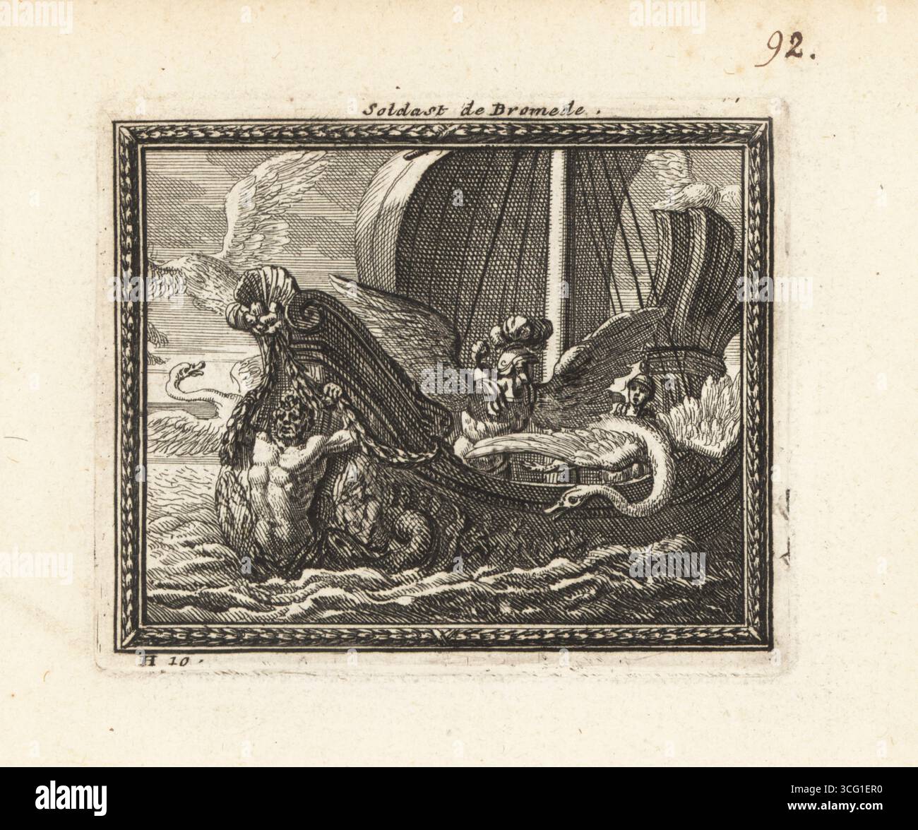 Diomedes and his soldiers turned into swans by Venus. In punishment for wounding love goddess Venus at the Siege of Troy, Diomedes in helmet and breastplate sprouting wings on the deck of the warship. Other swans fly away from the galleon which is decorated with a merman in chains on the prow. Soldats de Diomede en Oiseaux blancs. Copperplate engraving from Metamorphoses d’Ovide en Rondeaux, Ovid’s Metamorphoses, chez Audran, Paris, 1676. Stock Photo