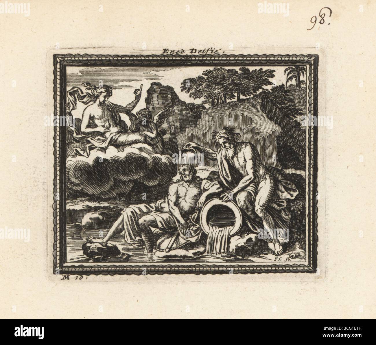 Aeneas deified as a river god by Jupiter. The god Jupiter sits on a ...
