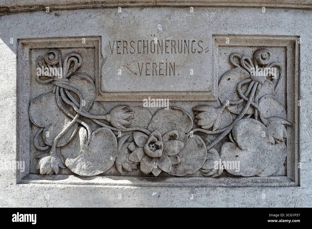 flower engraving with the inscription 'Verschoenerungsverein', beautification association on a wall, Germany, North Rhine-Westphalia, Lower Rhine, Dus Stock Photo