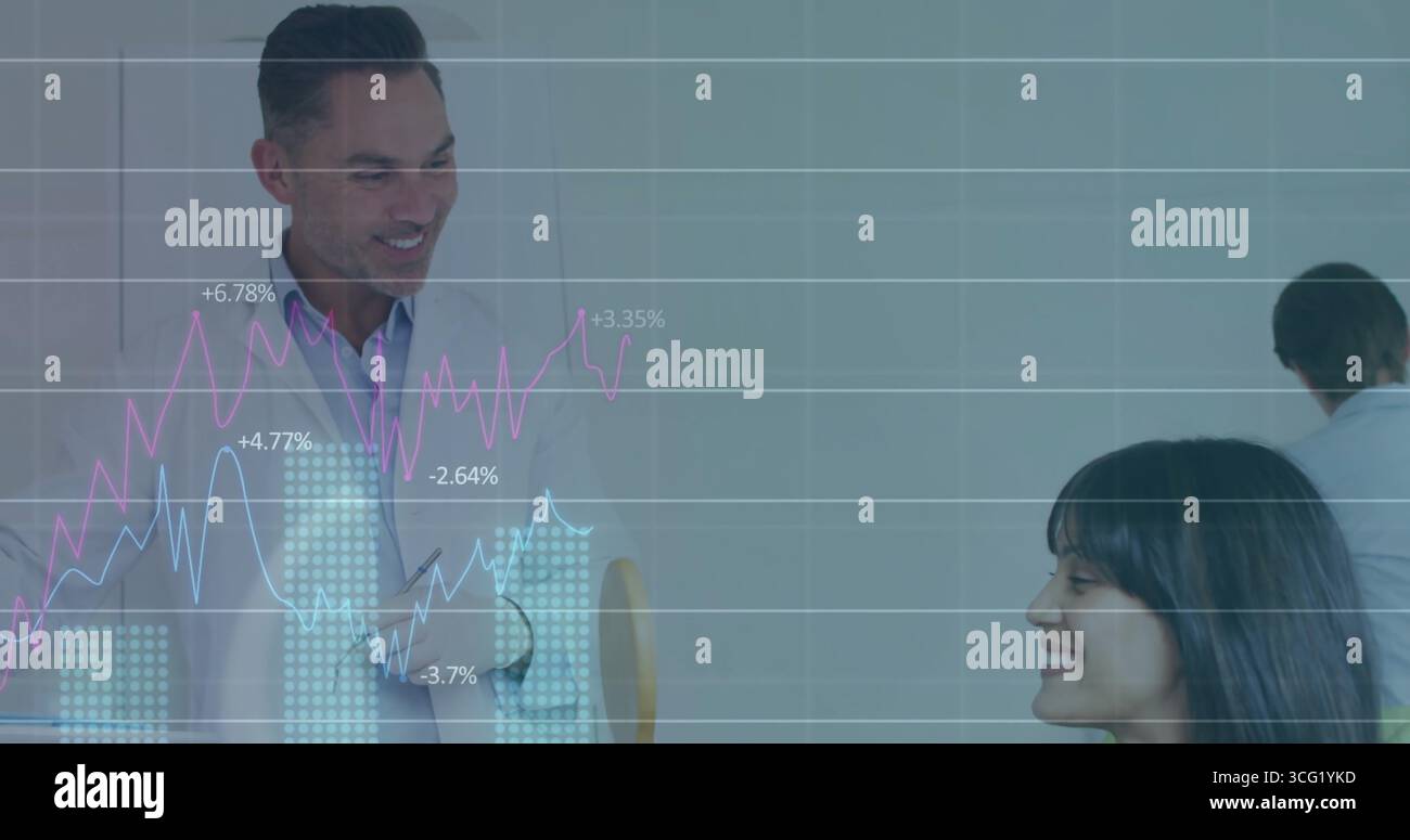 Professionals in business attire discussing financial data on tablet in office, with chart overlay Stock Photo
