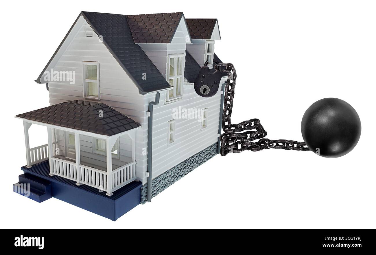 A house representing a person's home with a lock and ball and chain to ...