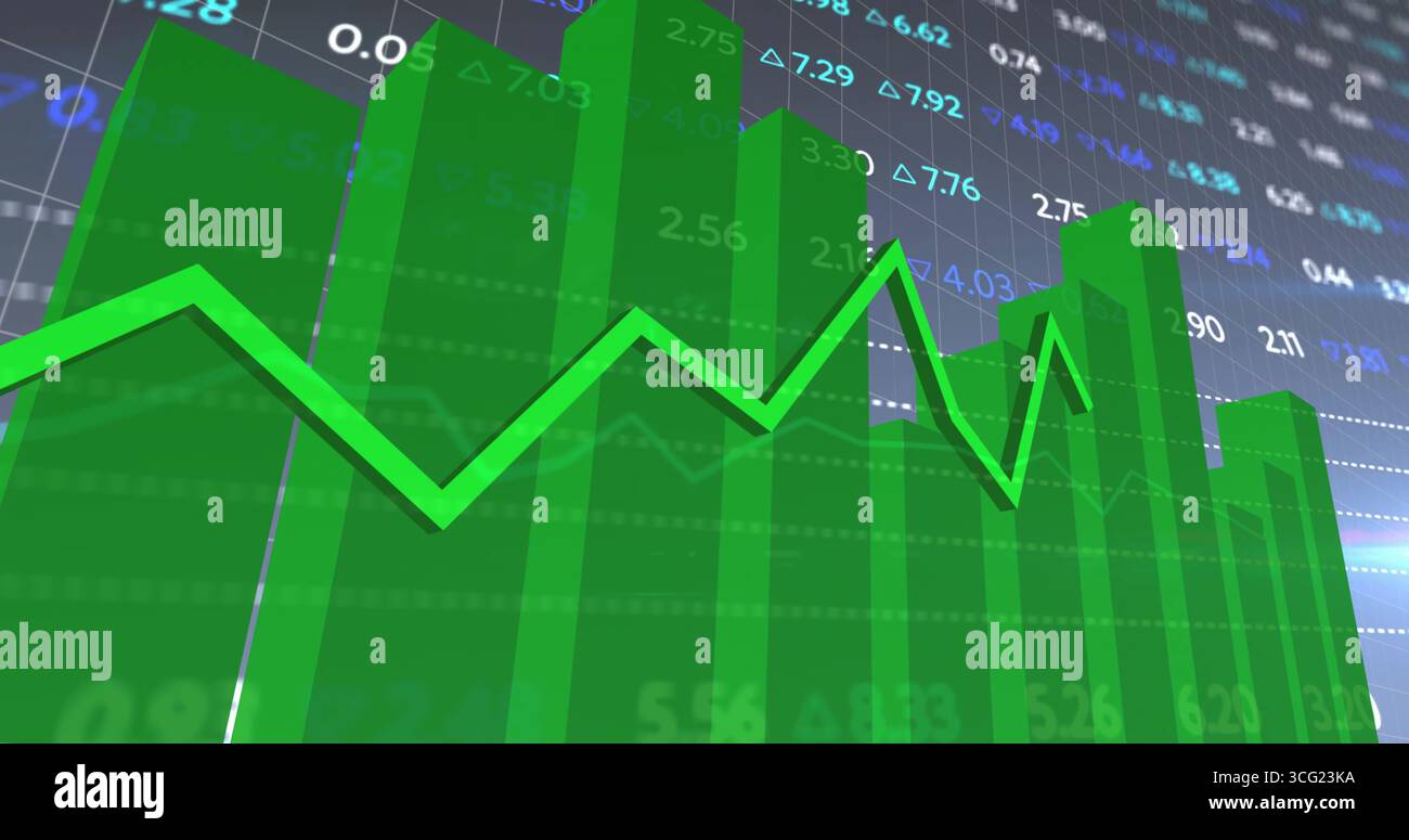 Displaying 3D translucent green bar chart and line graph on trading ...