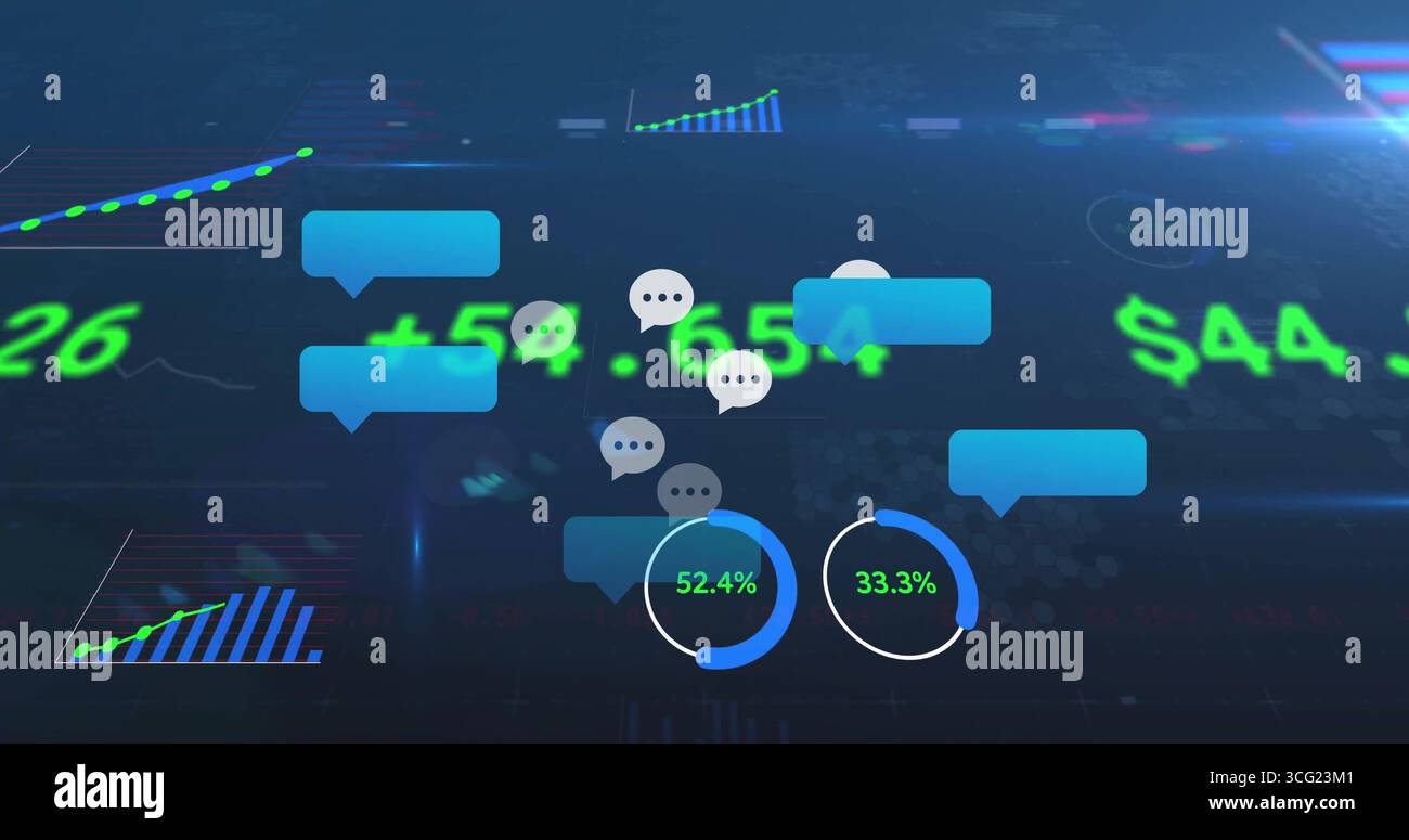 Displaying blue chat bubbles, progress indicators and green numeric values on dark trading screen Stock Photo