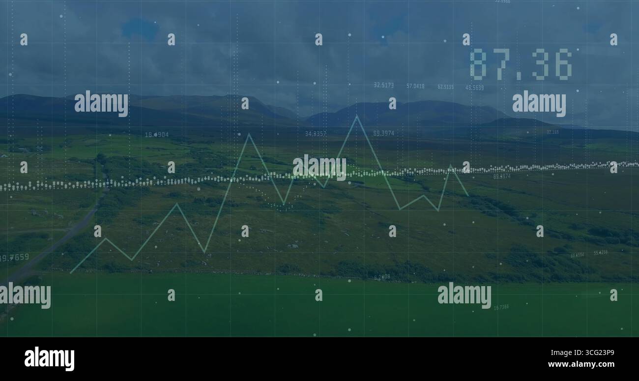 Overlaying light blue line chart on segmented pasture valley with ...